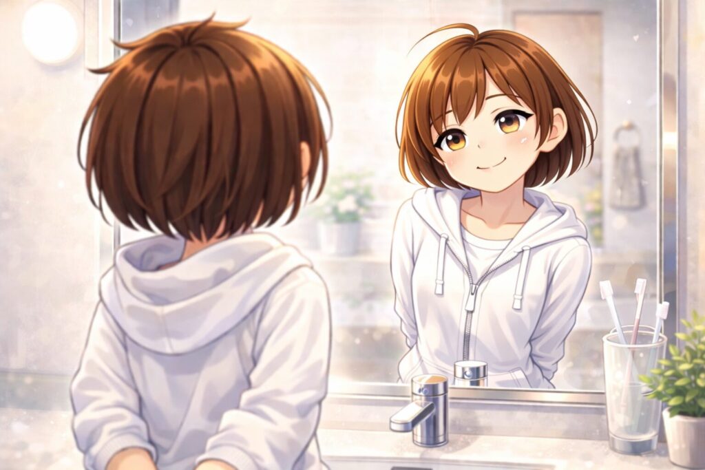 鏡を見つめる女