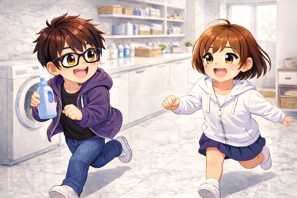 ランドリールームで走り回る二人