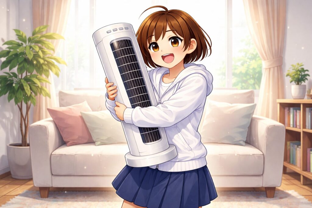 タワー型扇風機を持つ女