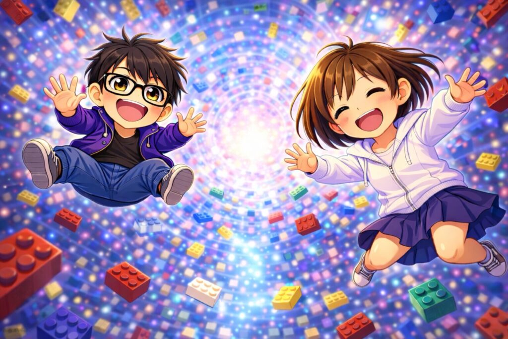 レゴブロックとともに落ちていく二人