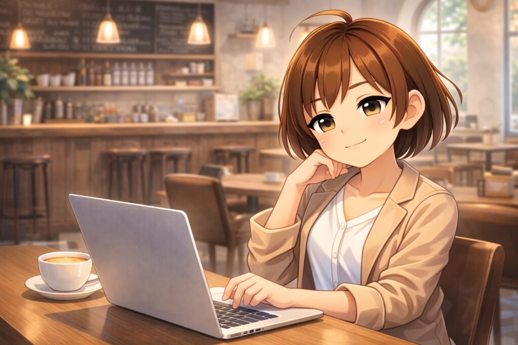 カフェでパソコンをする女