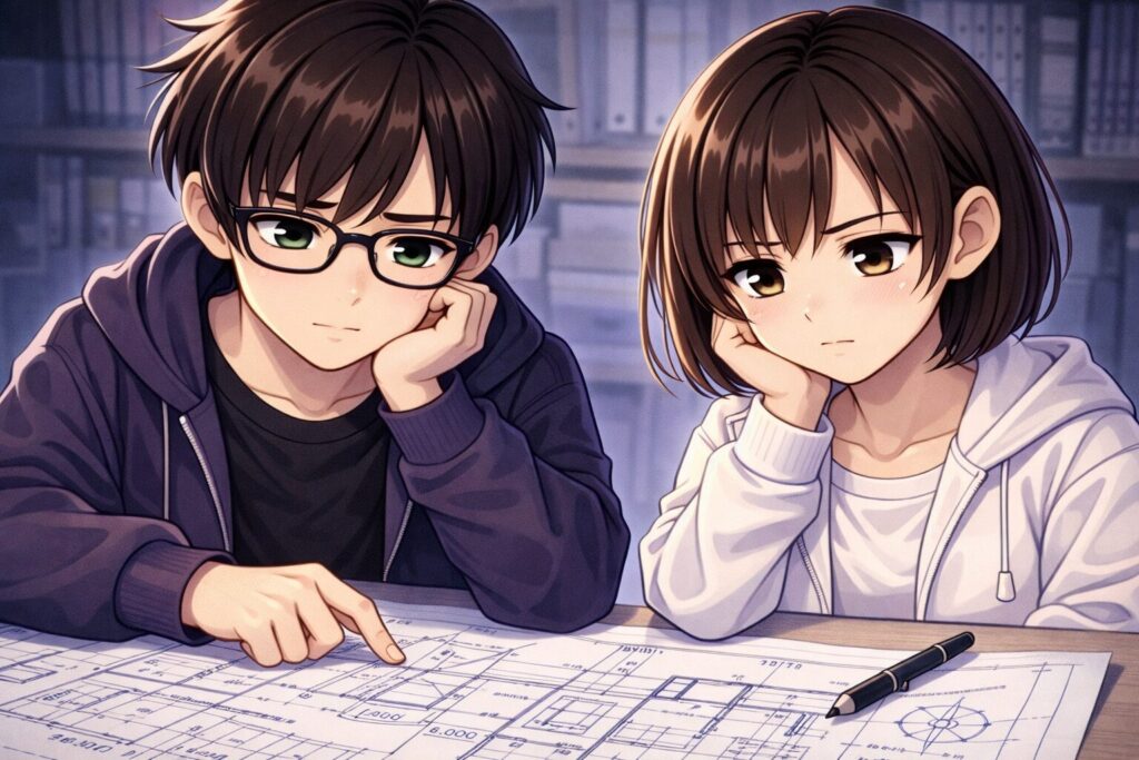 設計図を見て考え込む二人