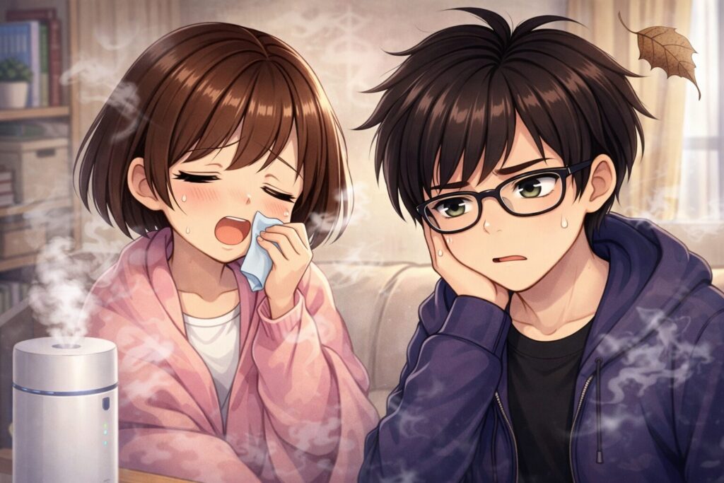 乾燥に苦しむ女に戸惑う男