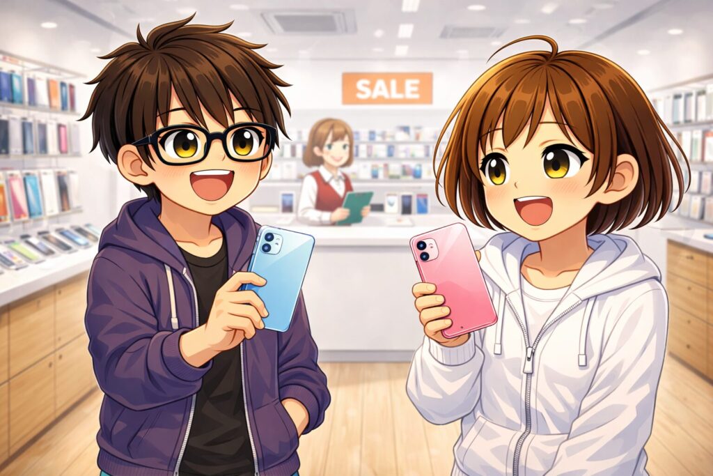 新しいスマホを手に取る二人