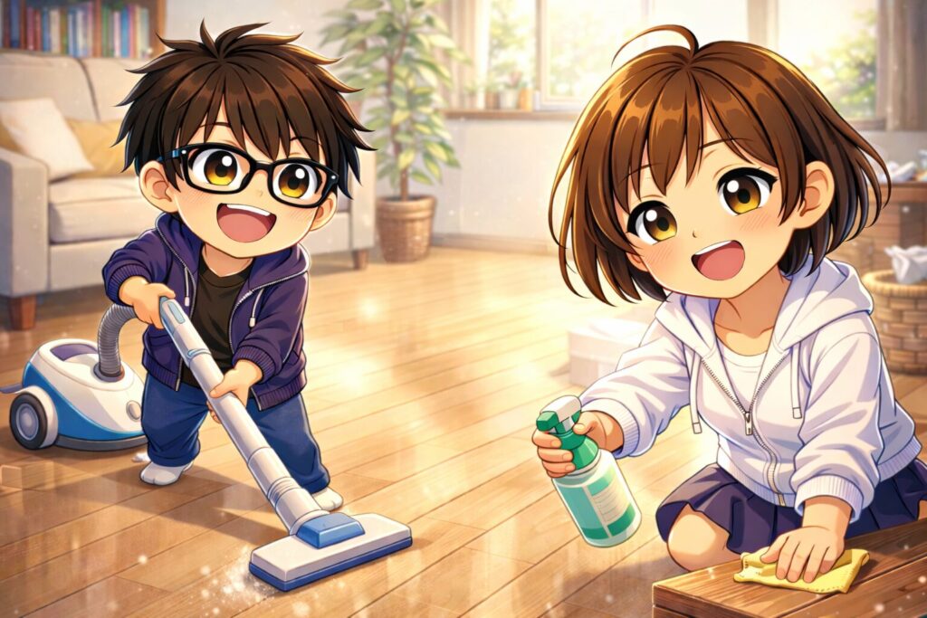 部屋の掃除をする二人