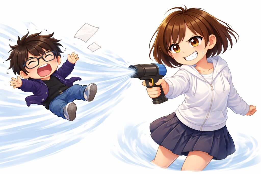 ブロワーで男を吹き飛ばす女