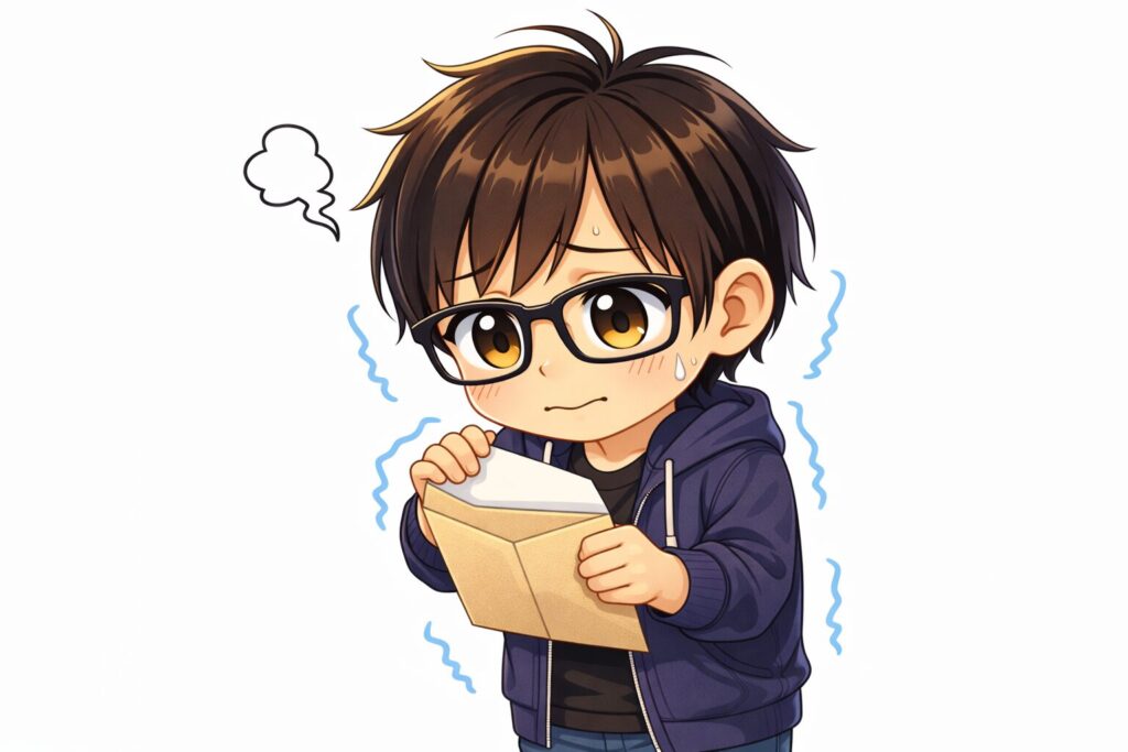 恐る恐る封筒の中身を見る男